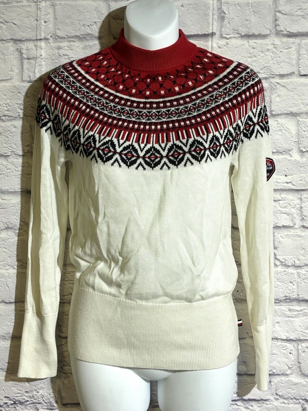 Tommy Hilfiger Womens XS Fair Isle Sweater Ivory Red Black Turtleneck Nordic